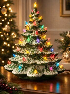 Vintage 17" Ceramic Christmas Tree Lighted | Green Snow | Multicolor Lights